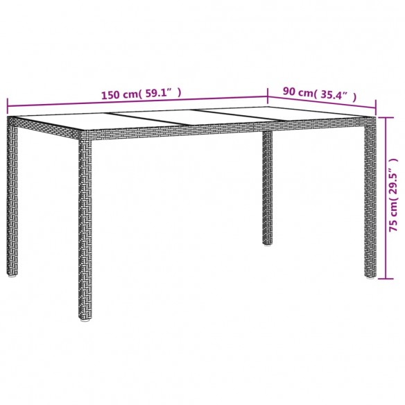 Table de jardin 150x90x75cm Verre trempé et résine tressée Gris