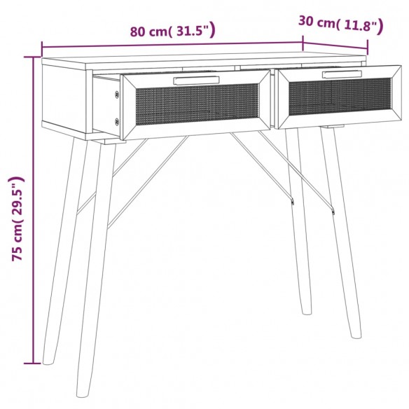 Table console Marron 80x30x75 cm Bois massif pin /rotin naturel
