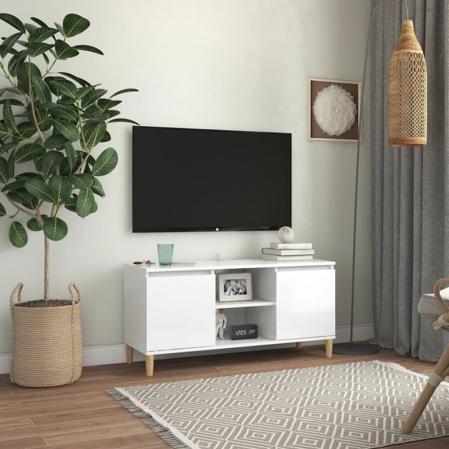 Meuble TV avec pieds en bois Blanc brillant 103,5x35x50 cm