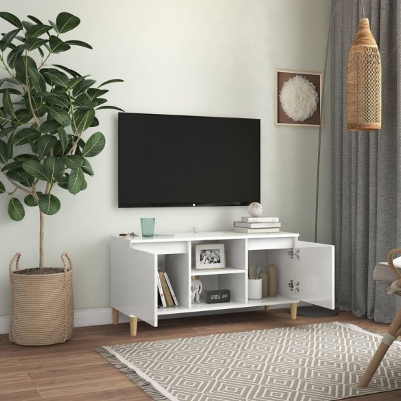 Meuble TV avec pieds en bois Blanc brillant 103,5x35x50 cm