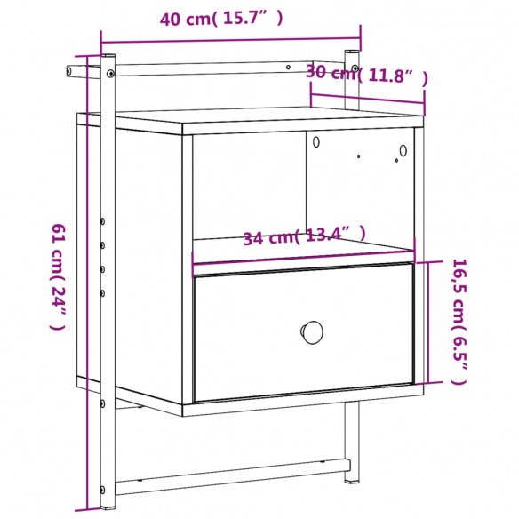 Table de chevet murale chêne brun 40x30x61 cm bois d'ingénierie