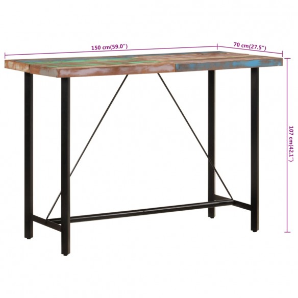 Table de bar 150x70x107 cm bois massif de récupération et fer