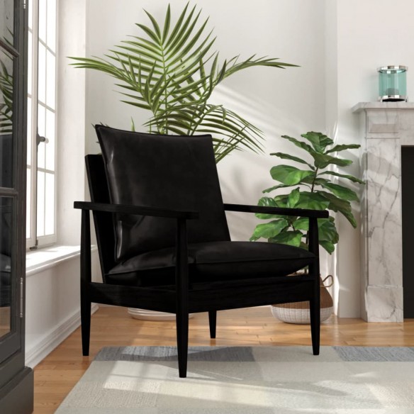 Fauteuil Noir Cuir véritable avec bois d'acacia