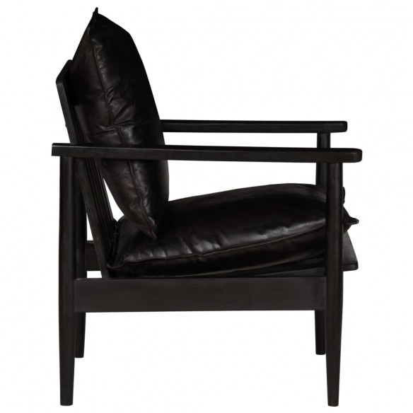 Fauteuil Noir Cuir véritable avec bois d'acacia