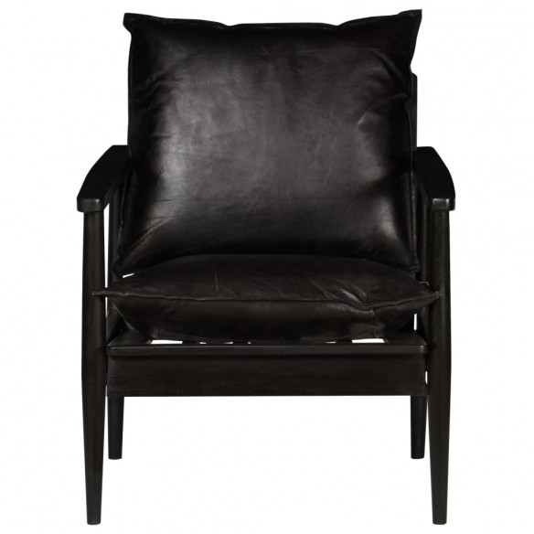 Fauteuil Noir Cuir véritable avec bois d'acacia