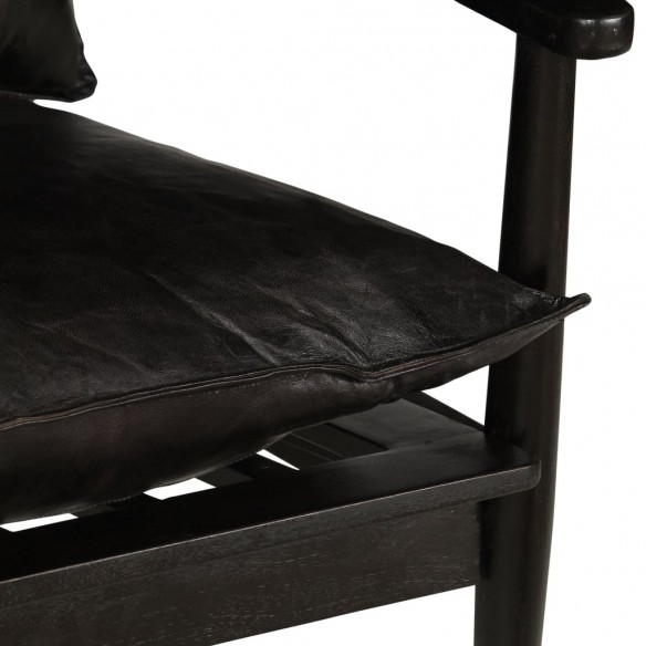 Fauteuil Noir Cuir véritable avec bois d'acacia