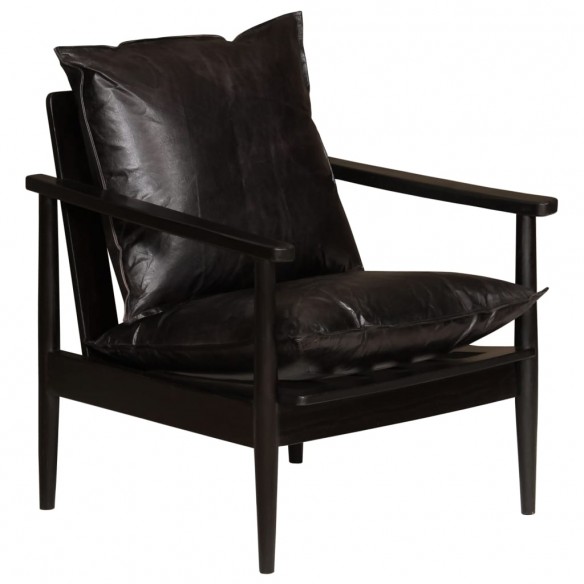 Fauteuil Noir Cuir véritable avec bois d'acacia