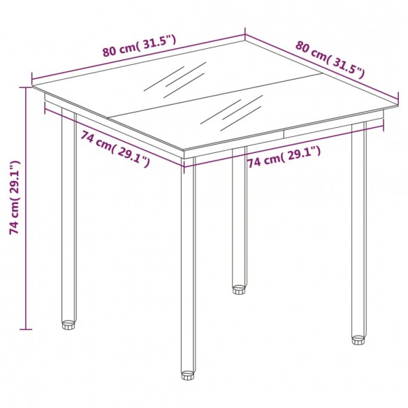 Table à dîner de jardin Noir 80x80x74 cm Acier et verre