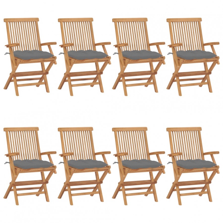 Chaises de jardin avec coussins gris 8 pcs Bois de teck massif