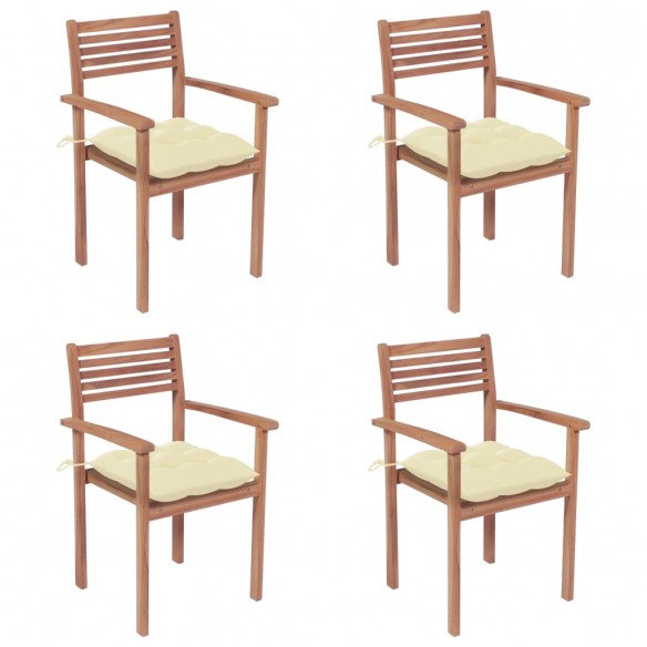 Chaises de jardin 4 pcs avec coussins blanc crème Teck solide