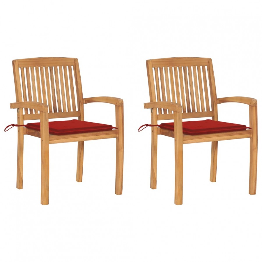 Chaises de jardin 2 pcs avec coussins rouge Bois de teck massif