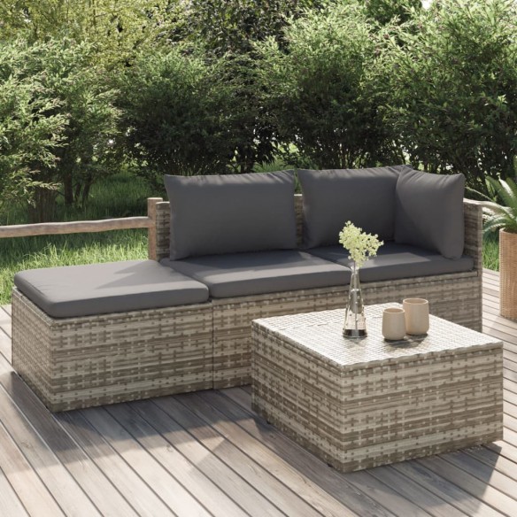 Salon de jardin 4 pcs avec coussins Gris Résine tressée