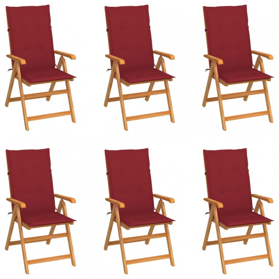 Chaises de jardin 6 pcs avec coussins bordeaux Bois de teck