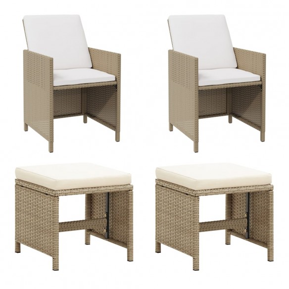 Chaises de jardin avec tabourets 2 pcs Résine tressée Beige