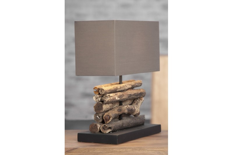 Lampe de 40cm en bois flotté et lin marron