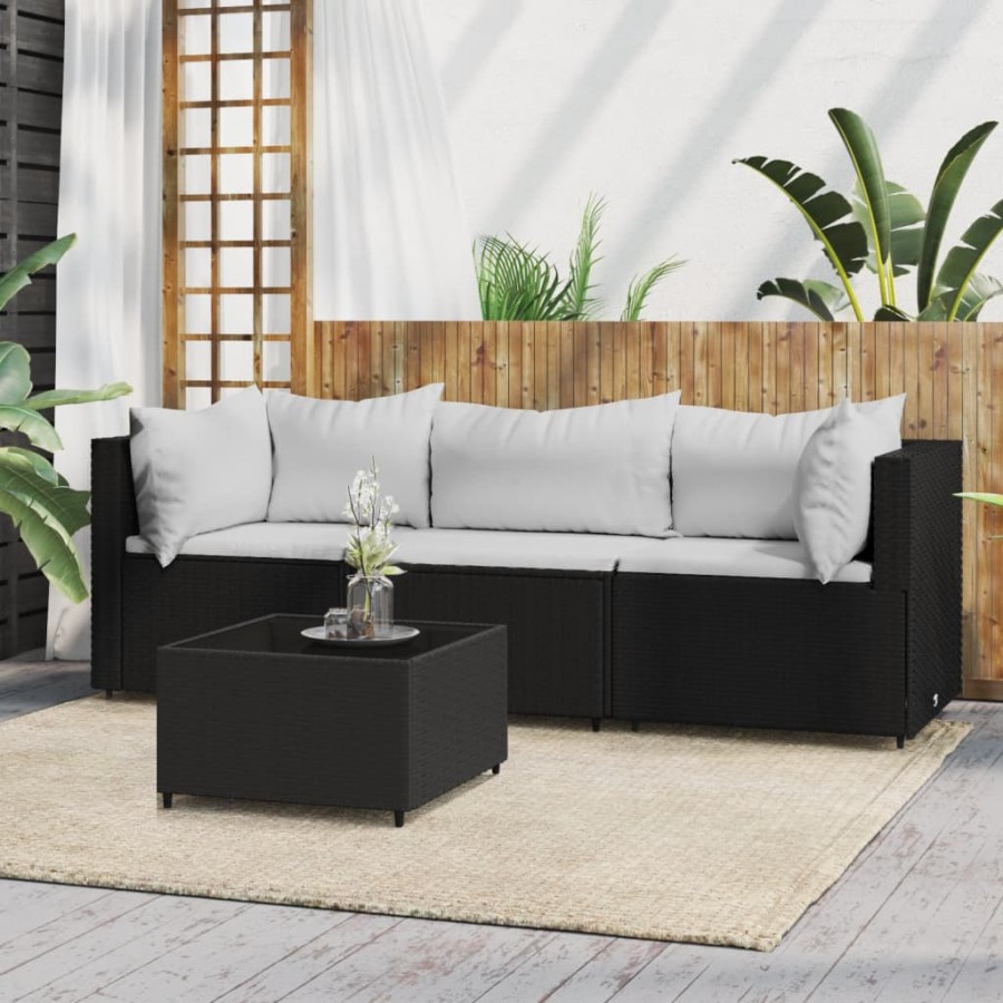 Salon de jardin 4 pcs avec coussins Noir Résine tressée