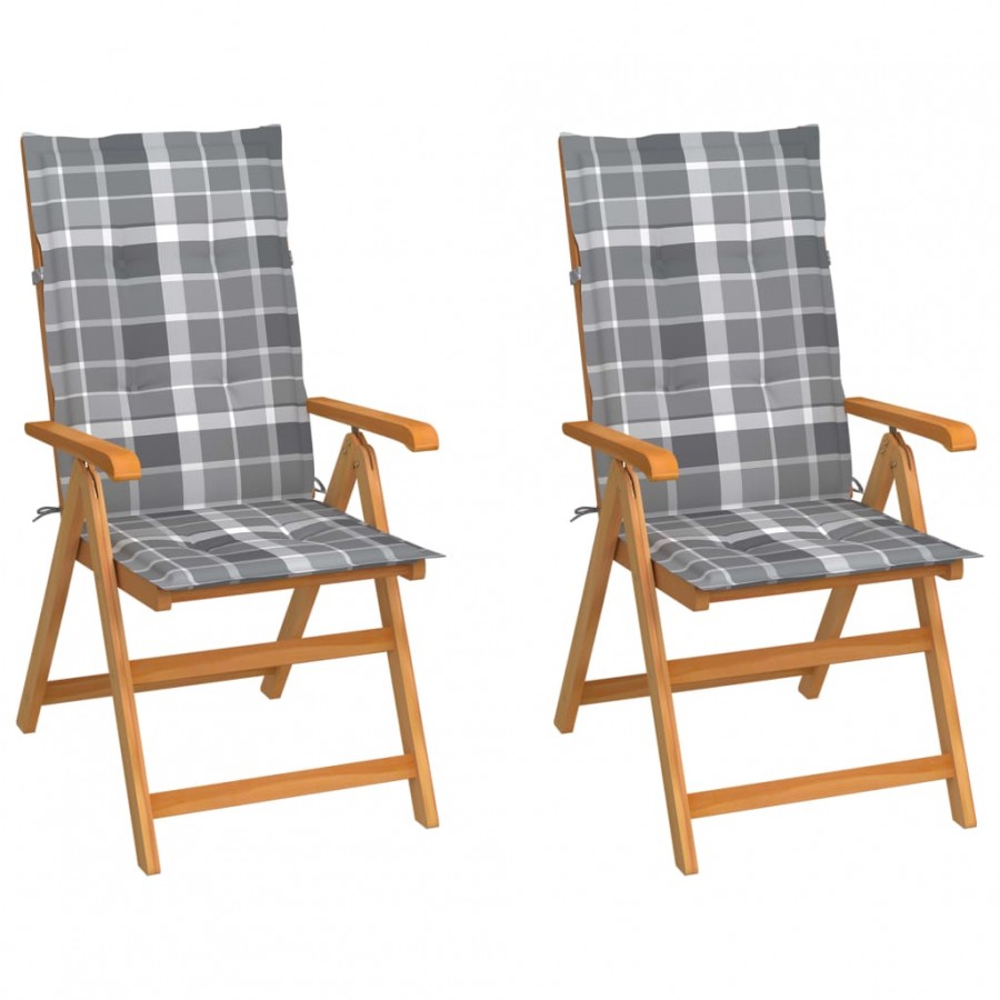 Chaises de jardin 2 pcs avec coussins à carreaux gris Teck