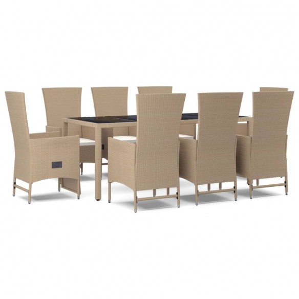 Ensemble à manger de jardin et coussins 9 pcs beige Poly rotin