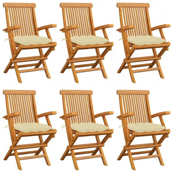 Chaises de jardin avec coussins blanc crème 6 pcs Teck massif