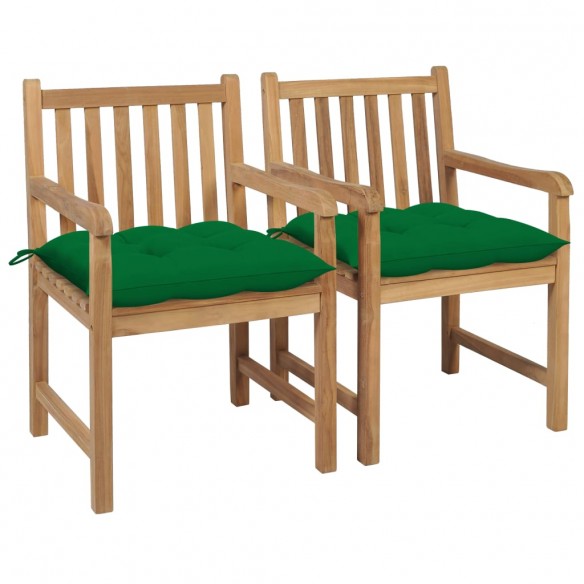 Chaises de jardin 2 pcs avec coussins vert Bois de teck massif