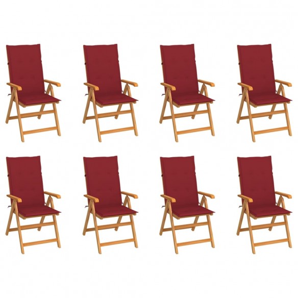 Chaises inclinables de jardin avec coussins 8 pcs Teck solide