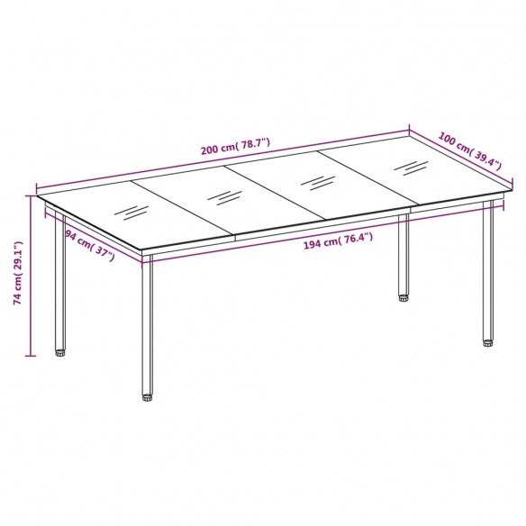 Table à dîner de jardin Noir 200x100x74 cm Acier et verre