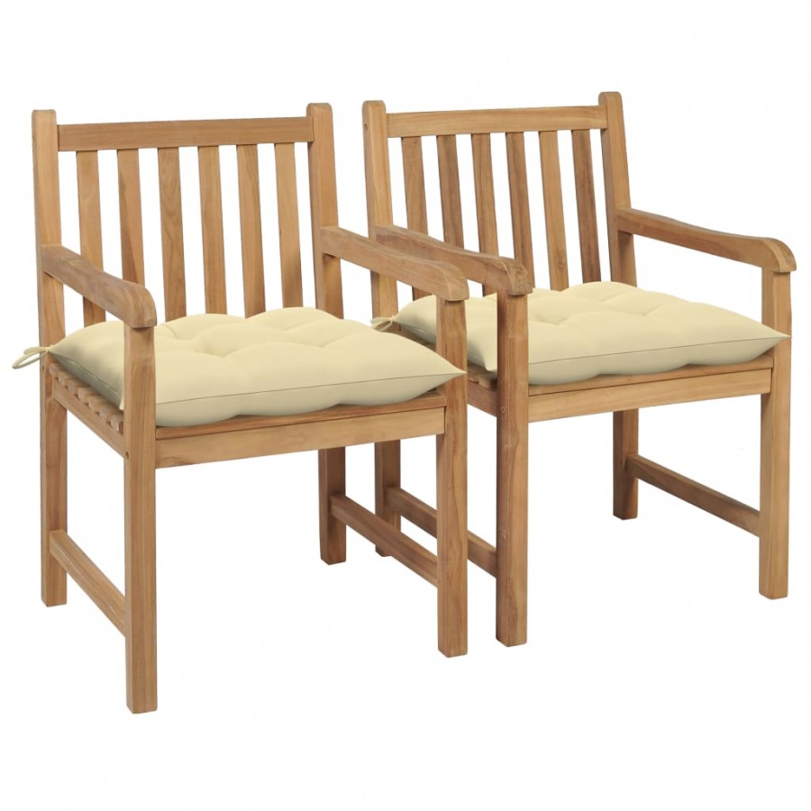 Chaises de jardin 2 pcs avec coussins blanc crème Bois de teck