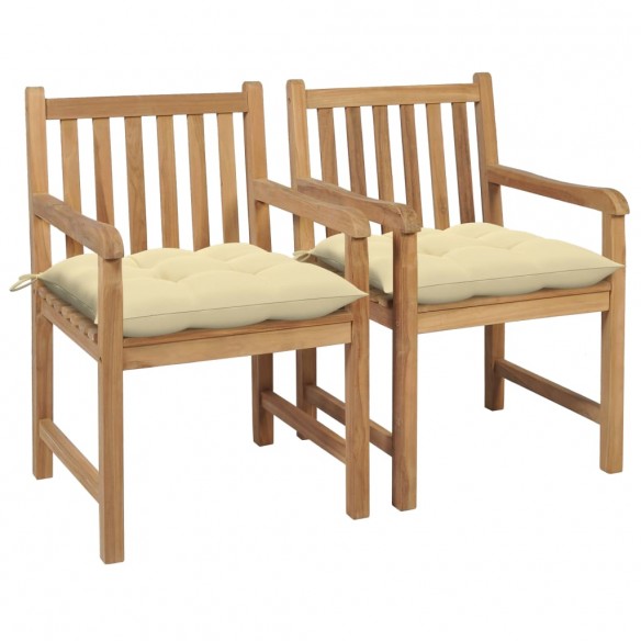 Chaises de jardin 2 pcs avec coussins blanc crème Bois de teck