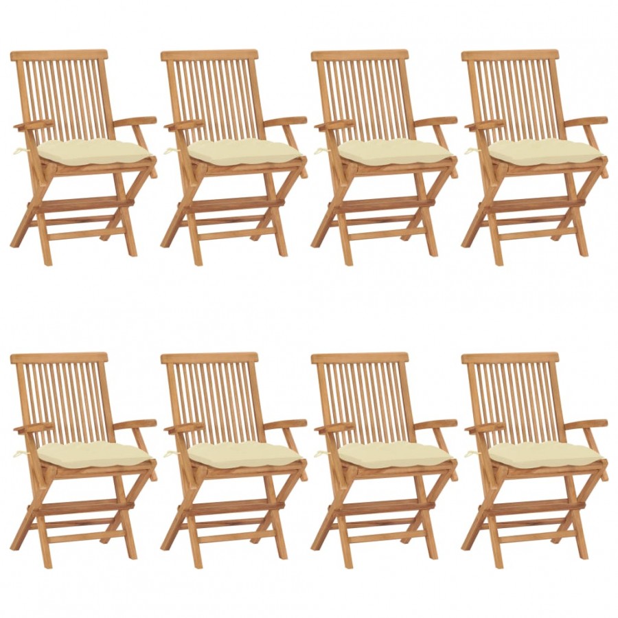 Chaises de jardin avec coussins blanc crème 8 pcs Teck massif