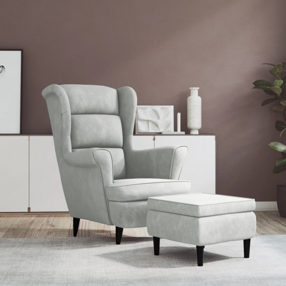 Fauteuil à oreilles avec tabouret gris clair velours