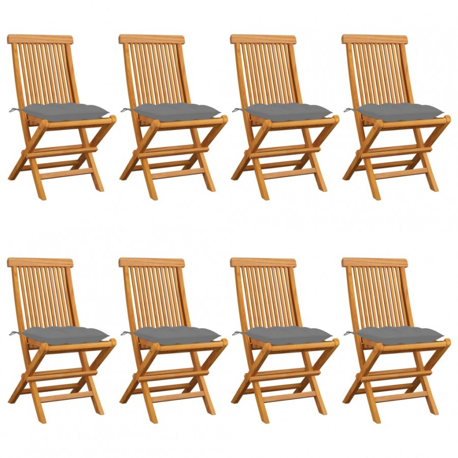 Chaises de jardin avec coussins gris 8 pcs Bois de teck massif