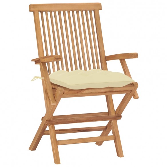 Chaises de jardin 2 pcs avec coussins blanc crème Teck massif