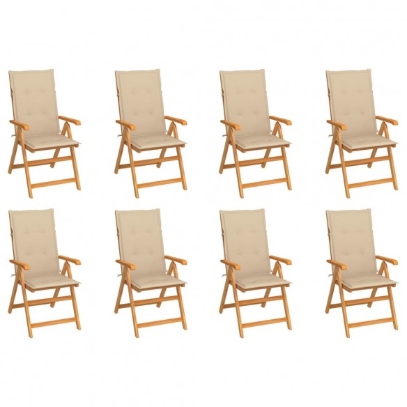Chaises inclinables de jardin avec coussins 8 pcs Teck solide