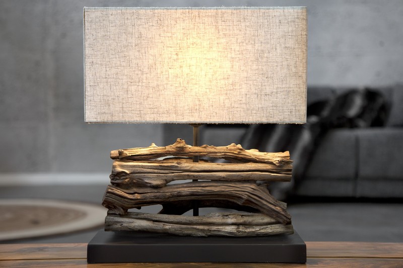 Lampe de 35cm en bois flotté et lin écrue