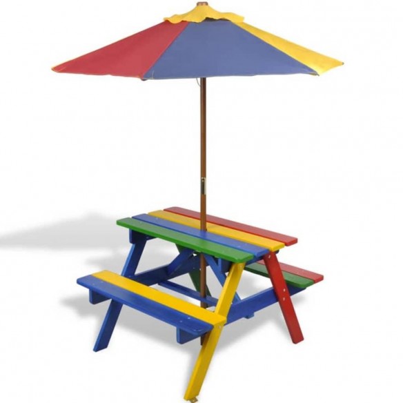 Table et bancs de pique-nique avec parasol pour enfants Bois