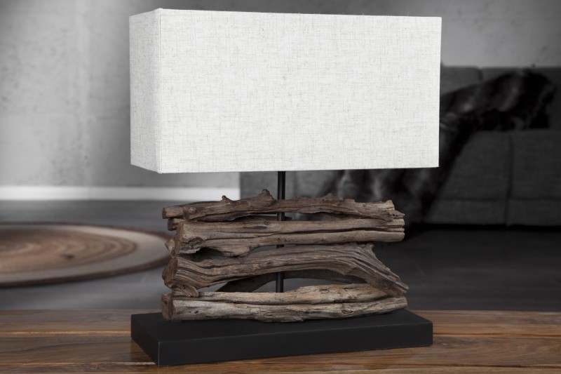 Lampe de 35cm en bois flotté et lin écrue