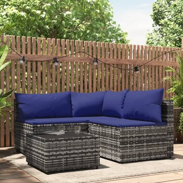 Salon de jardin 4 pcs avec coussins Gris Résine tressée