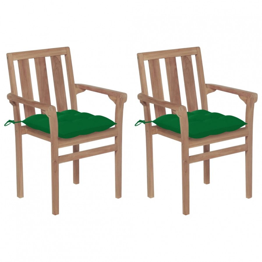 Chaises de jardin 2 pcs avec coussins vert Bois de teck massif