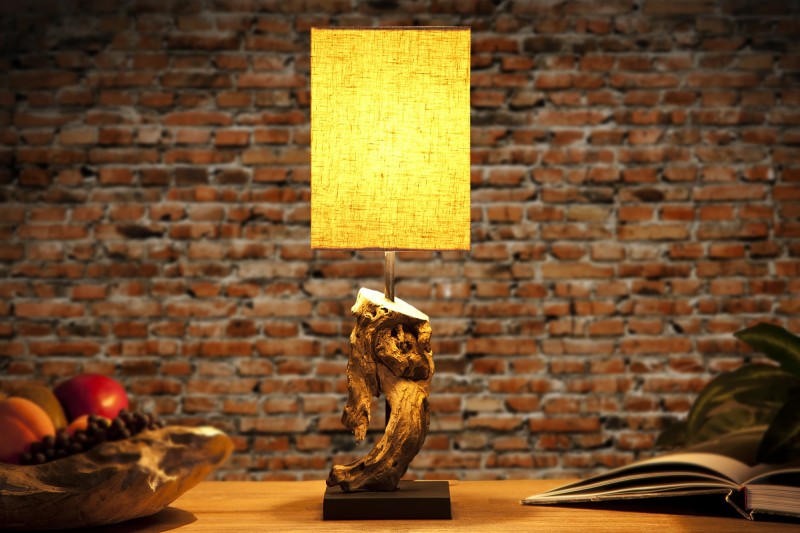 Lampe à poser 15 cm en bois flotté et lin beige