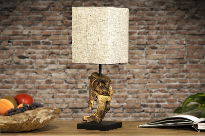 Lampe à poser 15 cm en bois flotté et lin beige