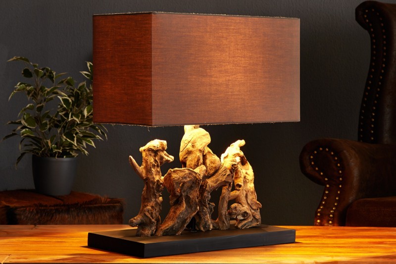 Lampe à poser  de 40cm en bois flotté et lin  brun