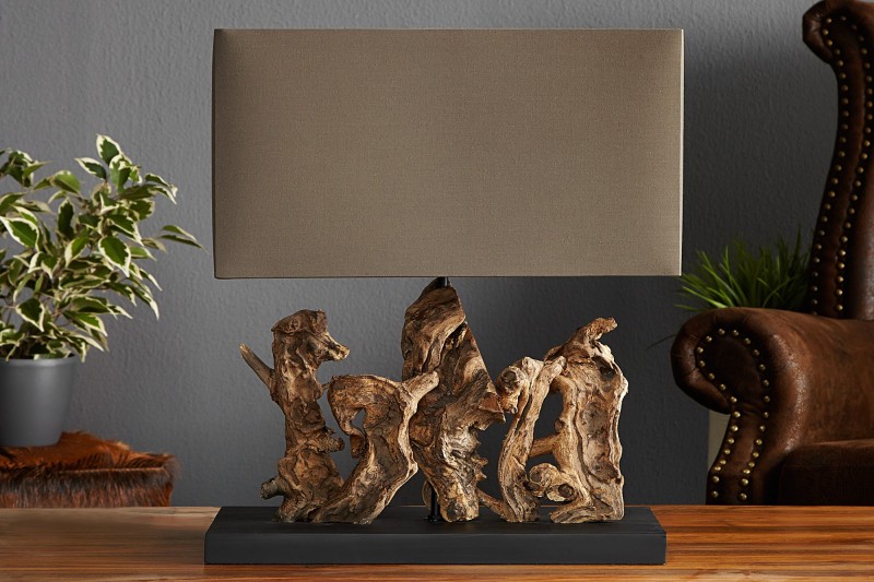 Lampe à poser  de 40cm en bois flotté et lin  brun