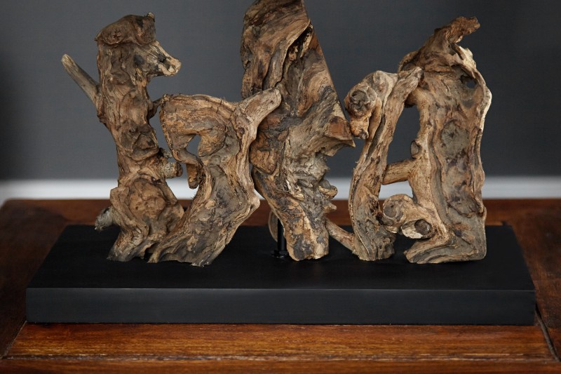 Lampe à poser  de 40cm en bois flotté et lin  brun