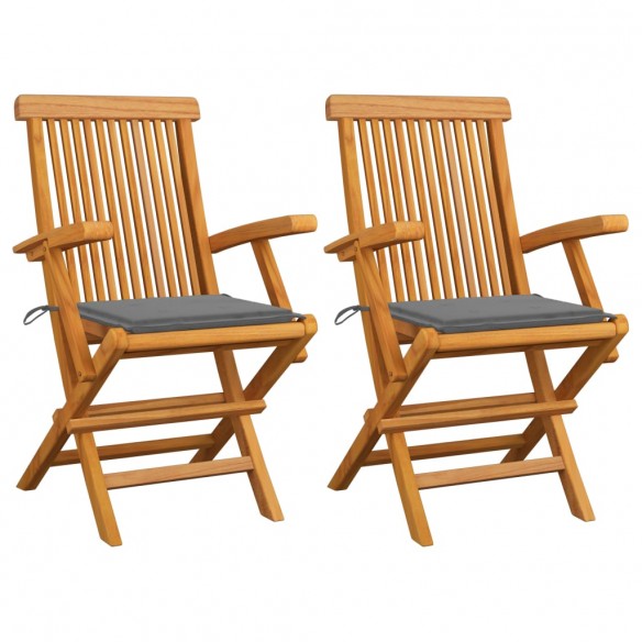 Chaises de jardin avec coussins gris 2 pcs Bois de teck massif