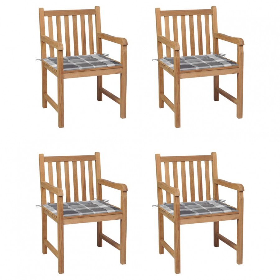 Chaises de jardin 4 pcs et coussins à carreaux gris Teck solide