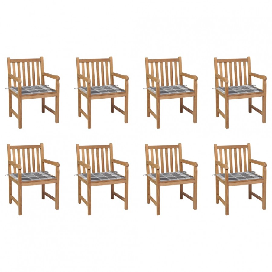 Chaises de jardin 8 pcs et coussins carreaux gris Bois de teck