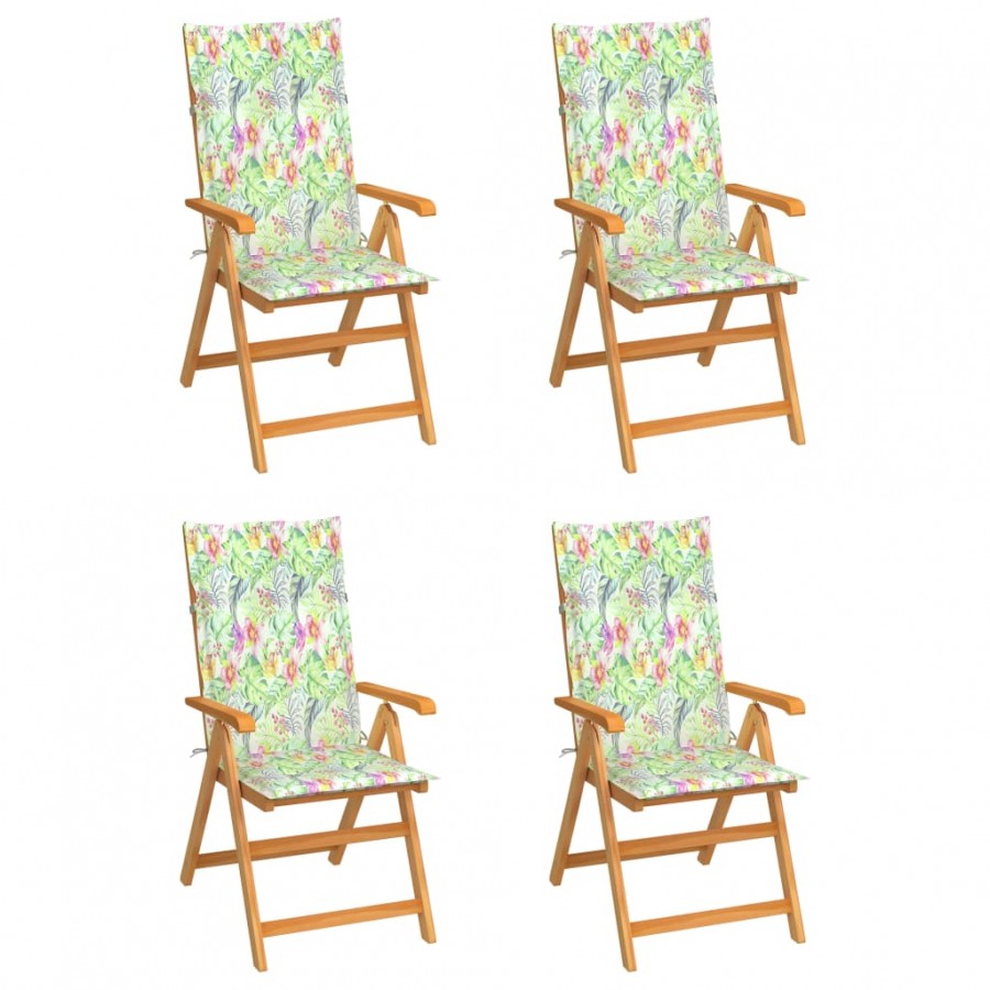 Chaises de jardin 4 pcs avec coussins à motif de feuilles Teck