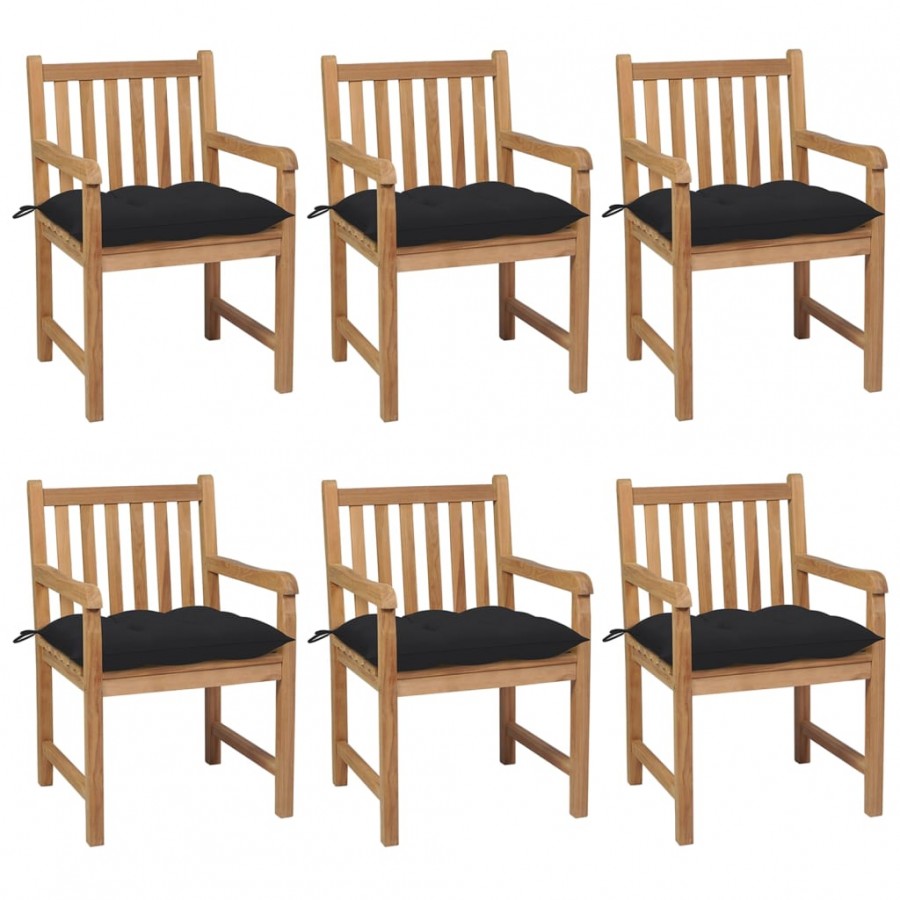 Chaises de jardin 6 pcs avec coussins noir Bois de teck solide