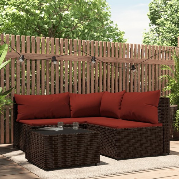 Salon de jardin 4 pcs avec coussins Marron Résine tressée