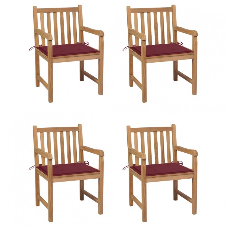 Chaises de jardin 4 pcs avec coussins bordeaux Teck solide